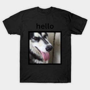 Cute Black Husky Dog Tongue Out Hello T-Shirt